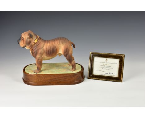 A Royal Worcester limited edition Bulldog, modelled by Doris Linder, model number, 397, 1968, with wooden plinth, framed cert