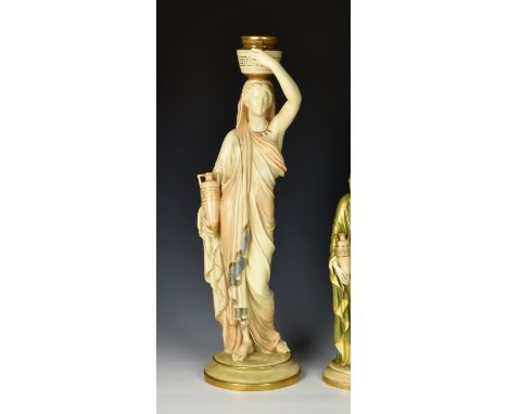 A large Royal Worcester porcelain figure of a water carrier, modelled by James Hadley, the classical maiden in blush ivory dr