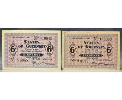 BRITISH BANKNOTES - STATES OF GUERNSEY - German Occupation, two (2) x Sixpence, both dated, 16th October, 1941, serial number