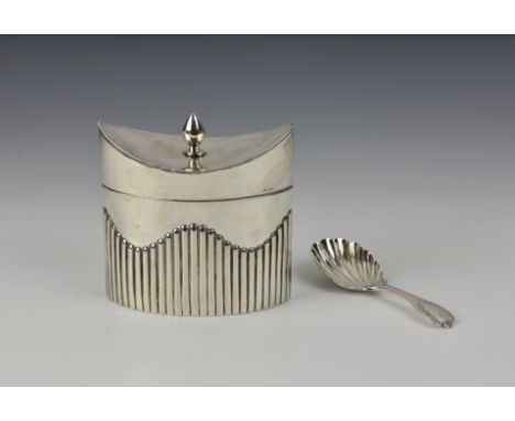 A late Victorian silver tea caddy, James Dixon & Son, Sheffield, 1898, the caddy of oval form with concave hinged cover, with