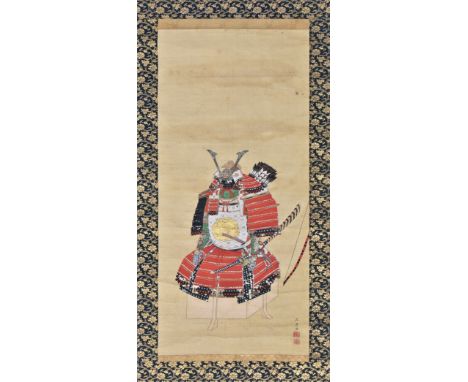 A 19th century Japanese watercolour on silk scroll painting depicting early Edo period Samurai armour, displayed upon a pedes