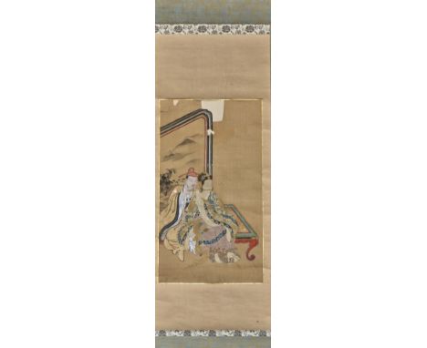 A Chinese watercolour on silk scroll painting with applied silkwork decoration, 18th / 19th century, depicting a nobleman and