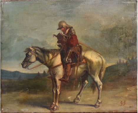 Follower of Emile Jean Horace Vernet (1789-1863), Soldier on horseback oil on canvas, signed with initials 'GS' lower right, 