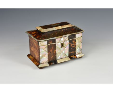 A 19th century tortoiseshell and mother of pearl twin compartment tea caddy, the caddy with applied tortoiseshell and diamond