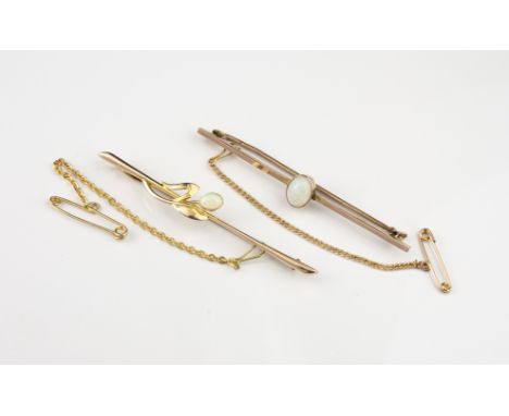 A 9ct gold and opal bar brooch, with 7.7 x 6mm. blue-green milk opal; together with a 9ct gold and opal floral bar brooch. (2