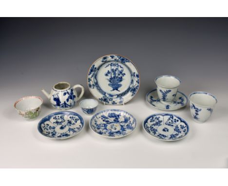 A small collection of Chinese Kangxi period blue and white porcelain, comprising a melon form teapot painted with a Long Eliz