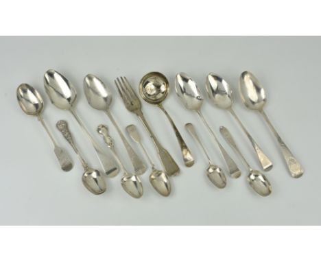 A collection of silver cutlery, comprising of five Old English pattern dessert spoons to include one by William Bateman I, Lo
