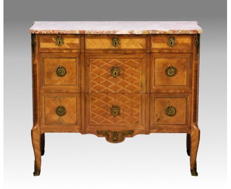 A French Louis XV style kingwood, marquetry, marble and gilt metal mounted inverted breakfront commode, early 20th century, t