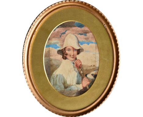 English School (mid-19th century), Portrait of a gentleman and two young girls (probably a father and his two daughters) oval