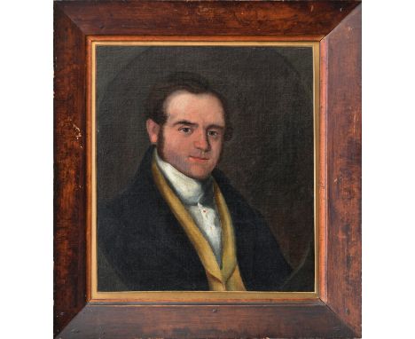 S. Perrett (British, 19th century), Portrait of a gentleman, wearing a black coat, gold waistcoat and white stock, within a p