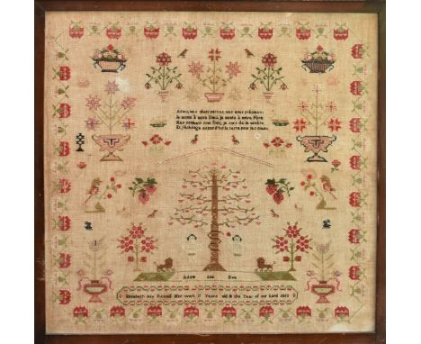 A Channel Islands mid-19th century needlework sampler, by 'Elizabeth Ann Renouf Her work 11 Years old in the Year of our Lord