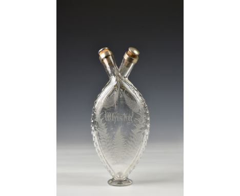 A Victorian etched crystal and silver twin gimmel flask, of tear drop form, etched with "Whisky" to one side, the other "Bran