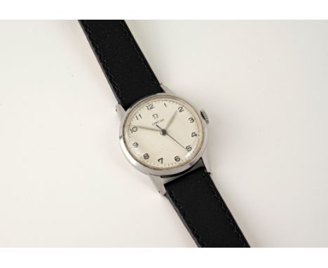 A gentleman's Omega stainless steel manual wristwatch, 1950s-60s, the 29mm. silvered dial with sweep seconds, black Arabic nu