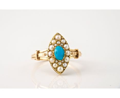 A Victorian 18ct gold, turquoise and seed pearl marquise cluster ring, over triple split shoulders, ring size K.