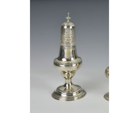 A George III silver baluster pepper caster, Peter & Ann Bateman, London, 1799, pierced dome cover with turned finial, the oge