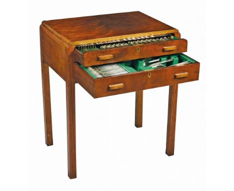 An Art Deco figured walnut canteen table with silver plated Art Deco flatware service, 1930s, the two drawer canteen with ste