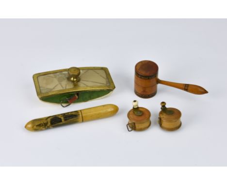 A small collection of novelty antique sewing accessories, to include a novelty treen penwork gavel or mallet thimble & needle