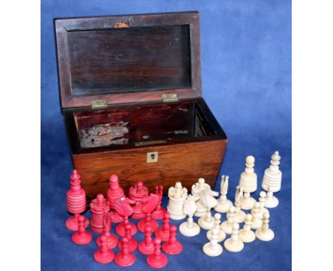 Antique Stained Ivory Chess Set, Full Set, Housed In Georgian Tea Caddy, Tallest Piece 3.5 Inches, c1830. With Associated Che