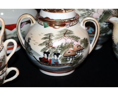 Oriental Tea Set, Painted Figures In Boat With Mountain Scene, Comprises Teapot, Cream, Sugar, 11 Cups And Saucers, 12 Side P