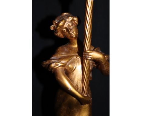 Art Nouveau Gilt Metal Figural Lamp, Depicting A Classical Maiden, Signed And Raised On a Marble Base, With Lime Green Fluted