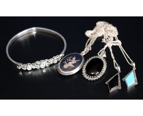 Small Mixed Silver Lot Comprising A Niello Pendant On Chain, Stone Set Bangle And 3 Stone And Marcasite Set Pendants On Chain