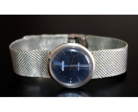 Gents Manual Wind Wristwatch, Silvered Blue Dial, Baton Numerals, 28mm Stainless Steel Case, Integral Mesh Bracelet. Dial Mar