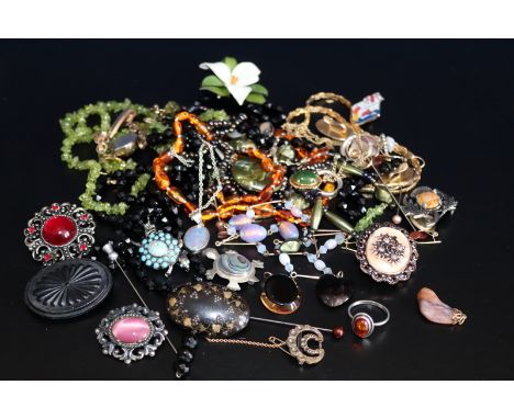 Collection Of Costume Jewellery  to include two antique French Jet necklaces, green bead necklace, brooch in the form of a Li