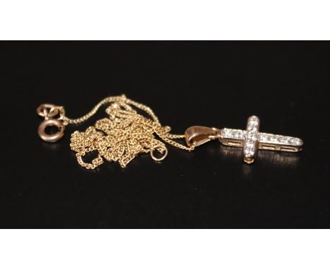 Stone Set Cross Pendant On 9ct Gold Chain, Weight 1.9 Grams 