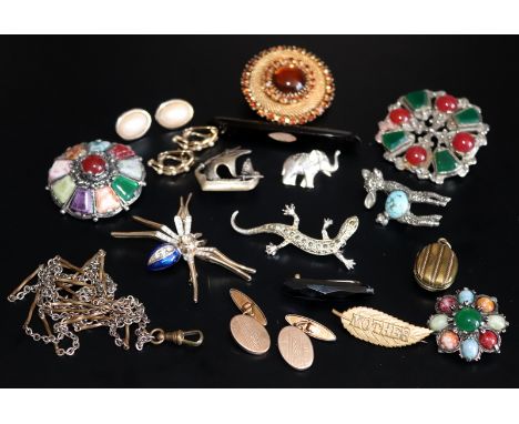 Assorted Bag Of Costume Jewellery, To Include Antique Locket, Chain, Animal Brooches, Paste Set etc