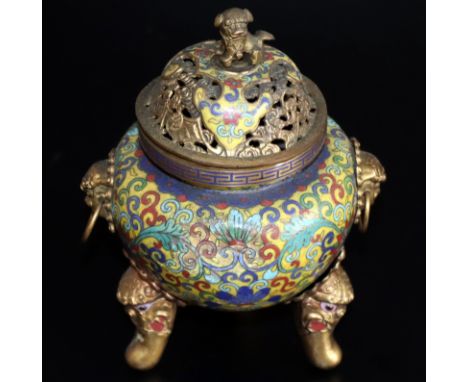Antique Chinese Cloisonne Enamel Lidded Incense Burner, The Lid With Foo Dog Finial, With Open Fretwork Design, Bulbous Body 