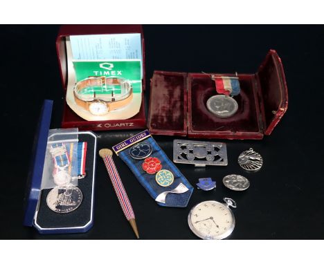 Mixed Lot To Include A National Service Medal With Miniature In Box, Pocket Watch, Girl Guide Badges, Timex Quartz Watch In B