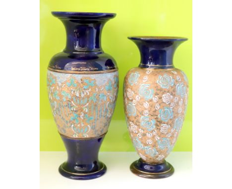 2 Large Royal Doulton Lambeth ware Tapestry Slater Patent Vases, Makers Initials Largest FG, Smallest RB, Tallest Height 18.5