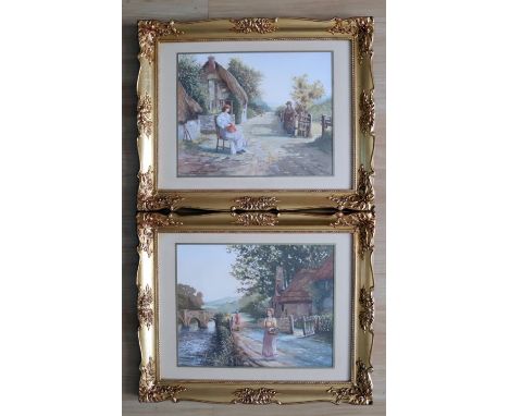 Pair Of Framed Watercolours, One Titled "The Village Gossip" The Other "Chance Encounter" Signed K Cherrington. 11 x 14 Inche
