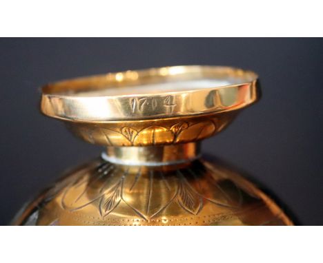 Pair Of Antique Brass Oriental Temple Incense Vases, Engraved To The Body With Floral Decoration And Figures Hunting, Incised
