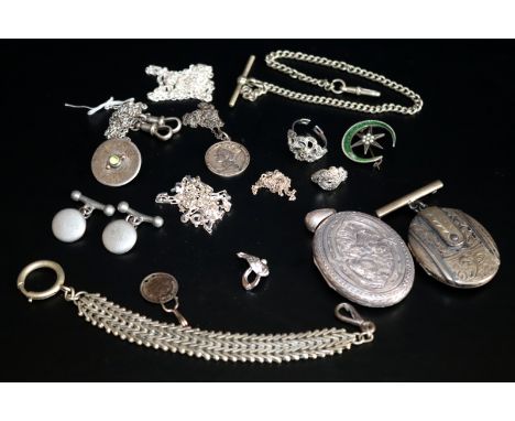 Mixed Lot To Include Lockets, Albert Chain, Bracelet, Pewter Cuff Links, Enamel Brooch, Silver & Marcasite Earrings, Silver J