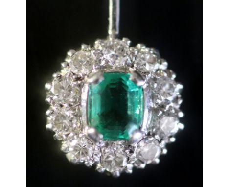 Art Deco Period Diamond &amp; Emerald Drop Pendant, Central Emerald Surrounded By Ten Round Brilliant Cut Diamonds. Suspended