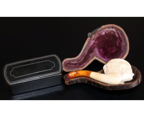 Carved Meerschaum Pipe, The Bowl Carved In The Form Of A Lady, With Amber Mouthpiece, Together With A Snuff Box.
