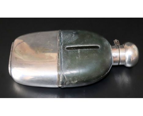 Glass, White Metal & Leather Cased Hip Flask Of Typical Form, 5.5 x 3 Inches 