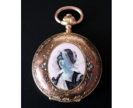 Late 19thC 18ct Gold Ladies Pocket Watch, Full Hunter With Inlaid Enamel Portrait To Front, Engraved Decoration with 6 Small 