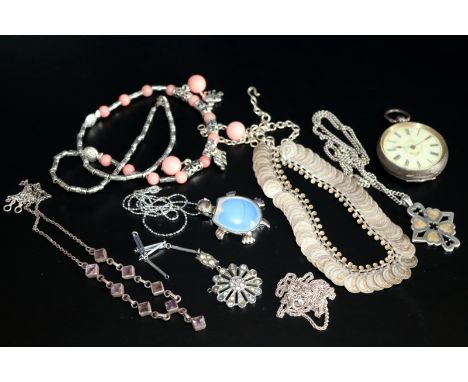 Mixed Lot Comprising A Silver Pendant On Silver Chain, Fully Hallmarked, Coin Necklace, Ladies Continental Silver Pocket Watc