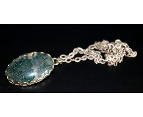 Sterling Silver Moss Agate Oval Pendant On Chain, Weight 8.3 Grams 