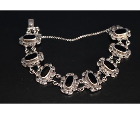 Silver And Black Stone Set Bracelet With Safety Chain, Weight 30.8 Grams 