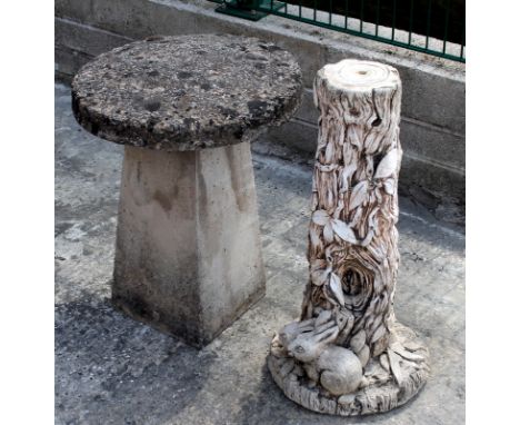 Mushroom Shaped Composition Straddle Stone On Stand, Together With Bird Bath Base. Height 22 & 26 Inches 