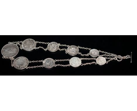 19thC Continental Silver Coin Necklace, Nine Various Coins With Chain Links, Coins To Include 1874 2 Franc, 1871 Franc, 5 Sen