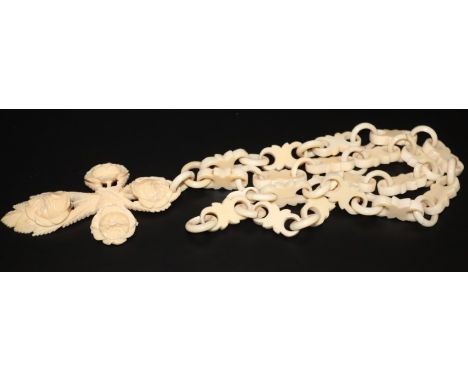 Victorian Ivory Fancy link Chain And Pendant Cross, Of Large Size With Floral Carving, Pendant Measures 85x47mm, Length 39cm,