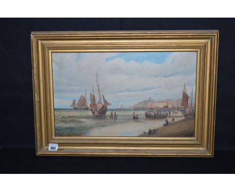 An oil painting, by Jade Ludlan - ships at a port, signed and dated 1944.