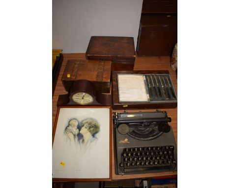 A 19th Century mahogany Tunbridge ware box; a mahogany jewellery box; silver plated fish knives and servers; a mantel clock i