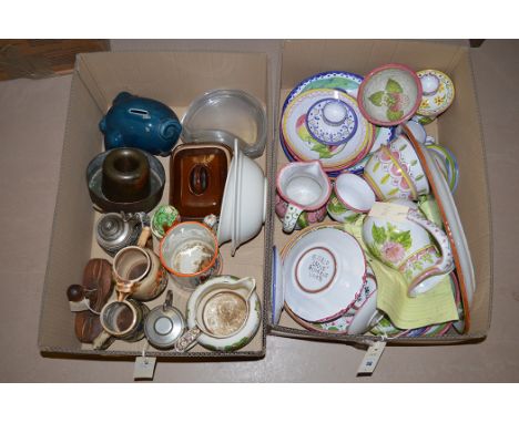 A large quantity of Algarve Portuguese hand-painted terracotta breakfast wares, including: jugs, plates, bowls, cups, saucers