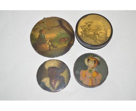 A 19th Century papier mache snuff box, the cover with bust portrait of the lady of a papier mache circular snuff box the cove