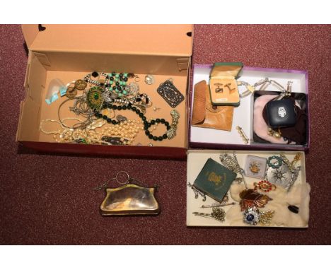 A large quantity of costume jewellery; a 1951 Festival of Britain crown; cufflinks; and other items, in a box.